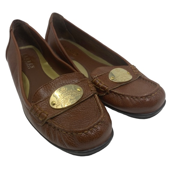 Ralph Lauren Brown Leather Loafers • Gold Medallion Flats Size 6.5 - Picture 1 of 8